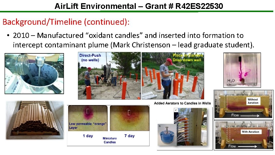Air. Lift Environmental – Grant # R 42 ES 22530 Background/Timeline (continued): • 2010