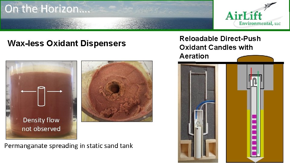 On the Horizon…. Wax-less Oxidant Dispensers Density flow not observed Permanganate spreading in static