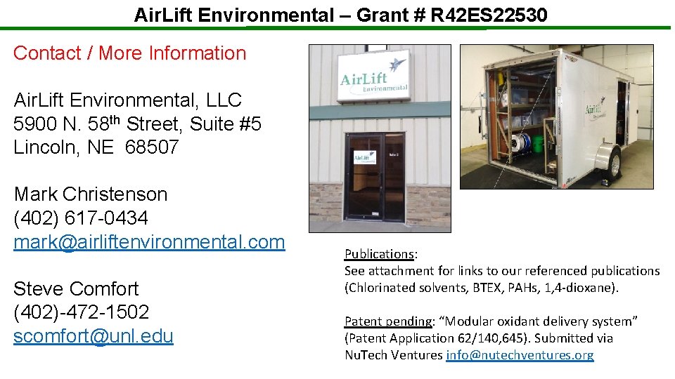 Air. Lift Environmental – Grant # R 42 ES 22530 Contact / More Information