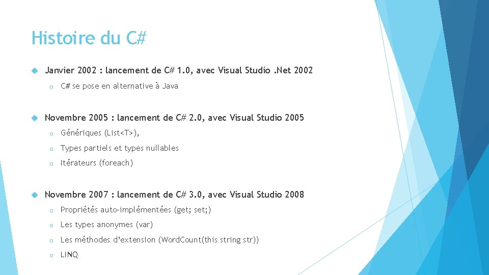Histoire du C# Janvier 2002 : lancement de C# 1. 0, avec Visual Studio. Histoire du C# Janvier 2002 : lancement de C# 1. 0, avec Visual Studio.