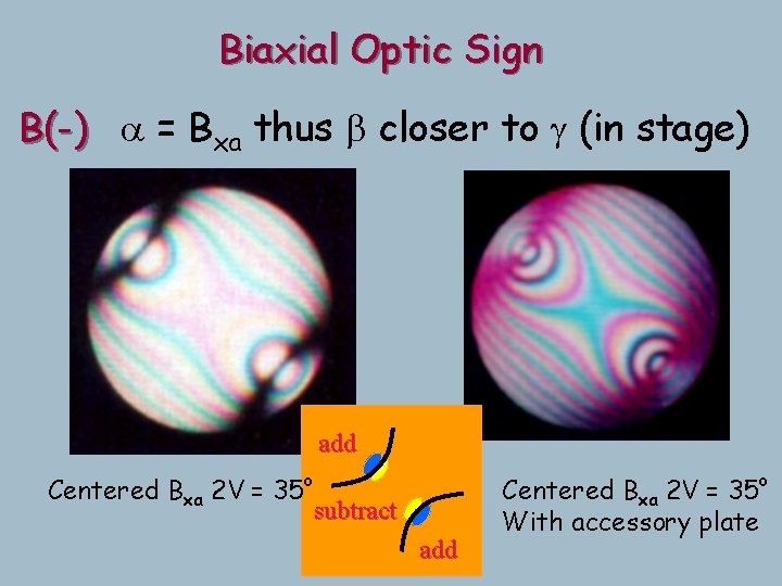 Biaxial Optic Sign B(-) a = Bxa thus b closer to g (in stage) Biaxial Optic Sign B(-) a = Bxa thus b closer to g (in stage)