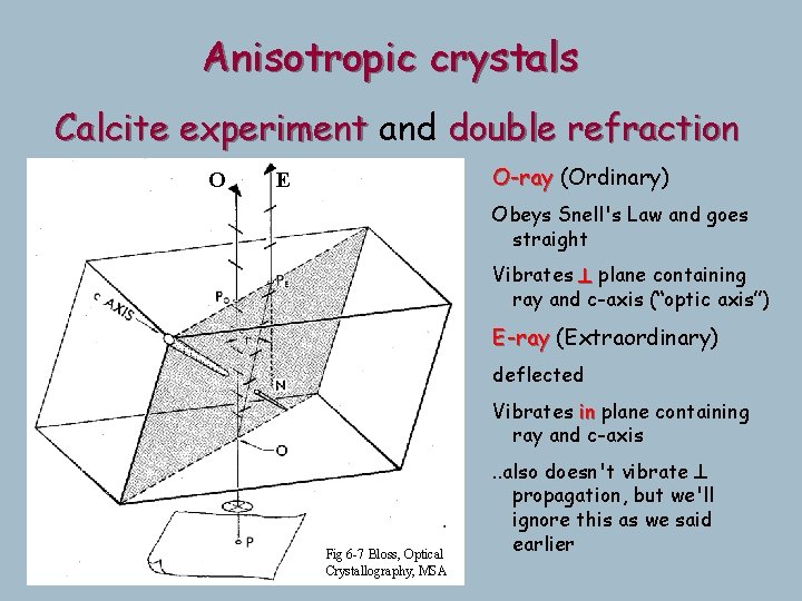 Anisotropic crystals Calcite experiment and double refraction O O-ray (Ordinary) Double images: E Obeys Anisotropic crystals Calcite experiment and double refraction O O-ray (Ordinary) Double images: E Obeys