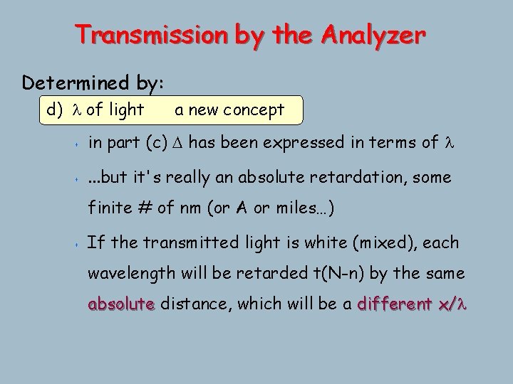 Transmission by the Analyzer Determined by: d) l of light a new concept s Transmission by the Analyzer Determined by: d) l of light a new concept s