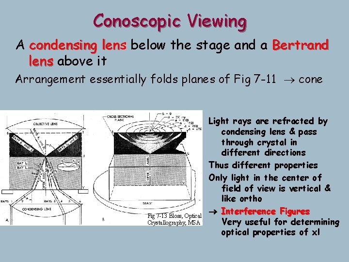 Conoscopic Viewing A condensing lens len below the stage and a Bertrand lens above Conoscopic Viewing A condensing lens len below the stage and a Bertrand lens above