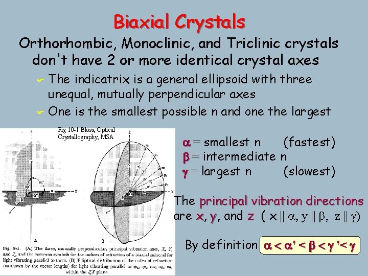 Biaxial Crystals Orthorhombic, Monoclinic, and Triclinic crystals don't have 2 or more identical crystal Biaxial Crystals Orthorhombic, Monoclinic, and Triclinic crystals don't have 2 or more identical crystal
