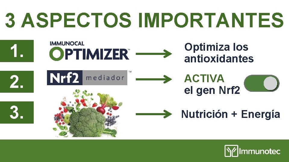 3 ASPECTOS IMPORTANTES 1. Optimiza los antioxidantes 2. ACTIVA el gen Nrf 2 3.