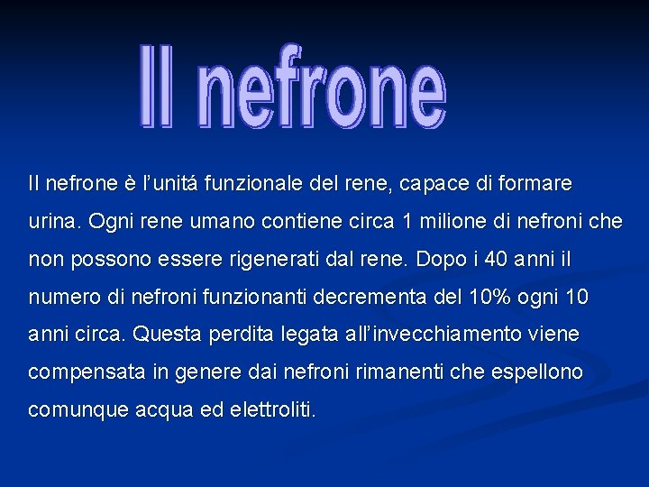 Il nefrone è l’unitá funzionale del rene, capace di formare urina. Ogni rene umano