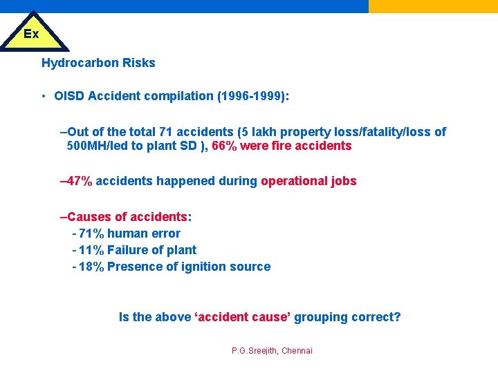 Ex Hydrocarbon Risks • OISD Accident compilation (1996 -1999): –Out of the total 71