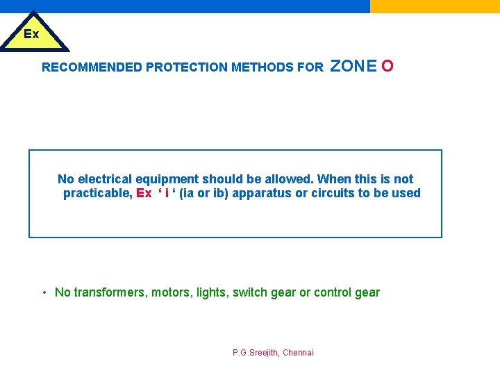 Ex RECOMMENDED PROTECTION METHODS FOR ZONE O No electrical equipment should be allowed. When