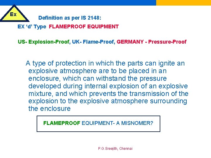 Ex Definition as per IS 2148: EX ‘d’ Type FLAMEPROOF EQUIPMENT US- Explosion-Proof, UK-