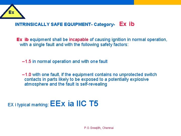 Ex INTRINSICALLY SAFE EQUIPMENT- Category- Ex ib equipment shall be incapable of causing ignition