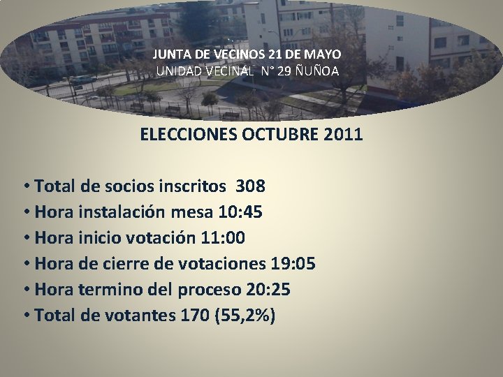 JUNTA DE VECINOS 21 DE MAYO UNIDAD VECINAL N° 29 ÑUÑOA ELECCIONES OCTUBRE 2011