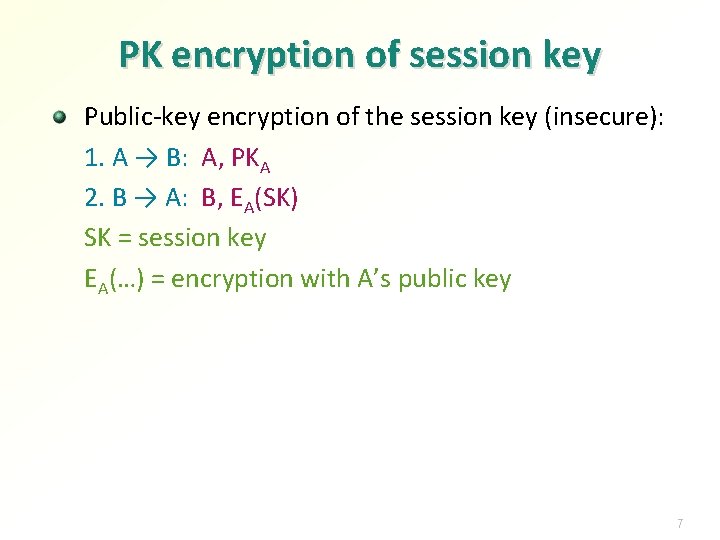 PK encryption of session key Public-key encryption of the session key (insecure): 1. A