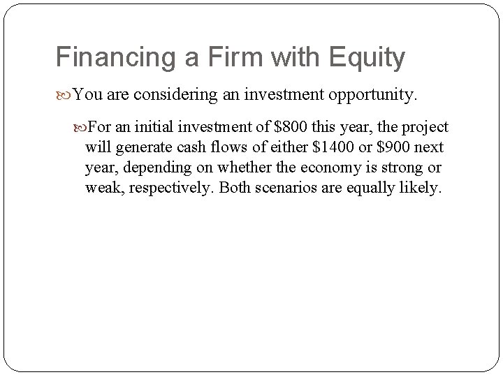 Financing a Firm with Equity You are considering an investment opportunity. For an initial Financing a Firm with Equity You are considering an investment opportunity. For an initial