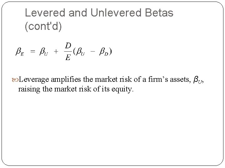 Levered and Unlevered Betas (cont'd) Leverage amplifies the market risk of a firm’s assets, Levered and Unlevered Betas (cont'd) Leverage amplifies the market risk of a firm’s assets,