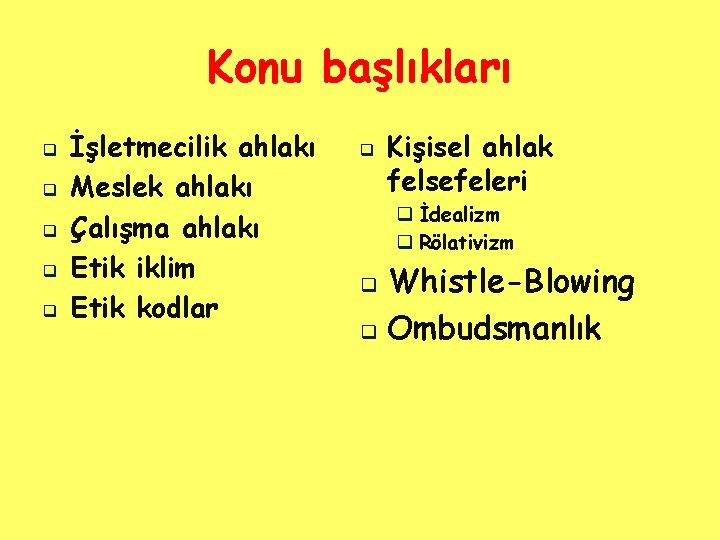 Konu başlıkları q q q İşletmecilik ahlakı Meslek ahlakı Çalışma ahlakı Etik iklim Etik