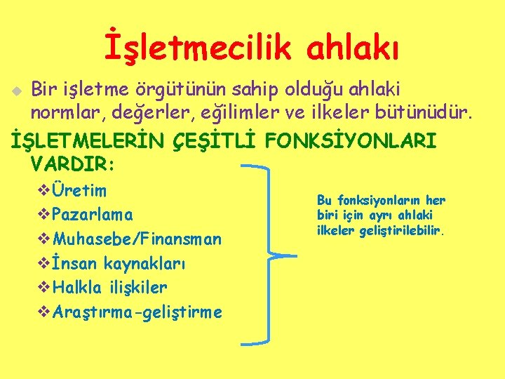 İşletmecilik ahlakı Bir işletme örgütünün sahip olduğu ahlaki normlar, değerler, eğilimler ve ilkeler bütünüdür.