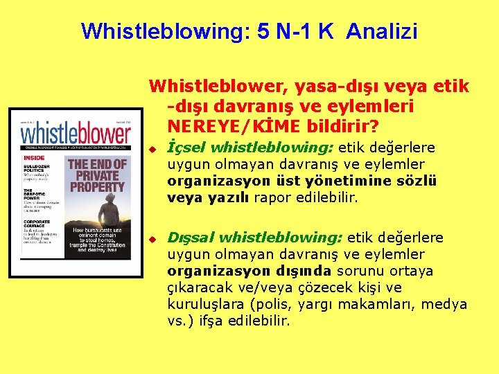 Whistleblowing: 5 N-1 K Analizi Whistleblower, yasa-dışı veya etik -dışı davranış ve eylemleri NEREYE/KİME