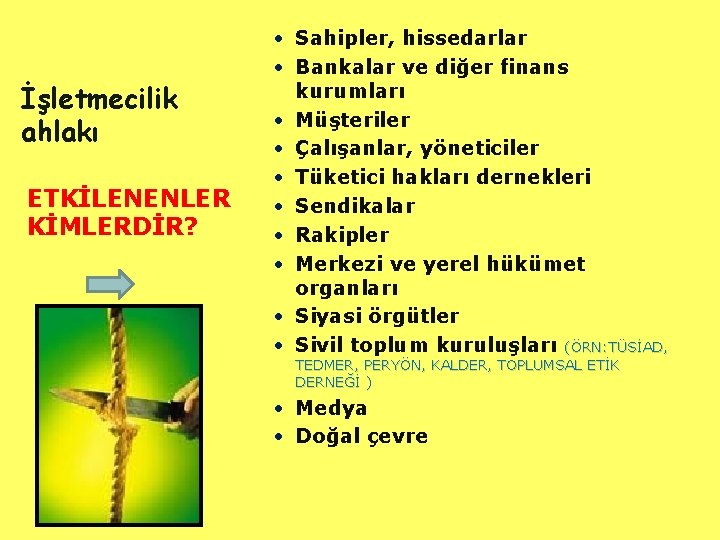 İşletmecilik ahlakı ETKİLENENLER KİMLERDİR? • Sahipler, hissedarlar • Bankalar ve diğer finans kurumları •