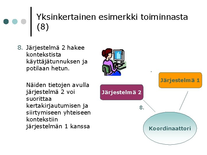 Yksinkertainen esimerkki toiminnasta (8) 8. Järjestelmä 2 hakee kontekstista käyttäjätunnuksen ja potilaan hetun. Näiden