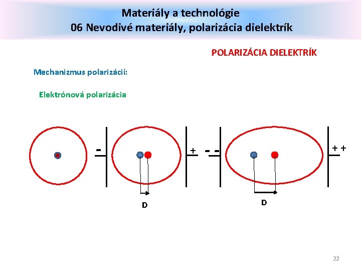 Materiály a technológie 06 Nevodivé materiály, polarizácia dielektrík POLARIZÁCIA DIELEKTRÍK Mechanizmus polarizácií: Elektrónová polarizácia