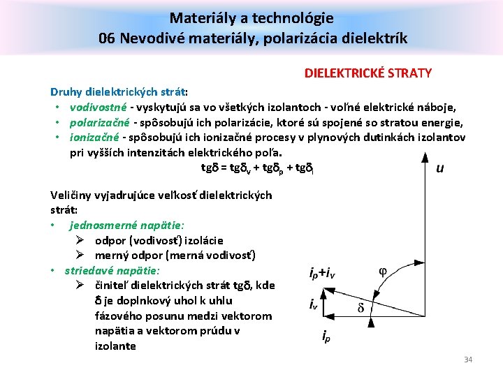 Materiály a technológie 06 Nevodivé materiály, polarizácia dielektrík DIELEKTRICKÉ STRATY Druhy dielektrických strát: •