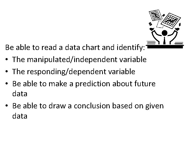 Be able to read a data chart and identify: • The manipulated/independent variable • Be able to read a data chart and identify: • The manipulated/independent variable •