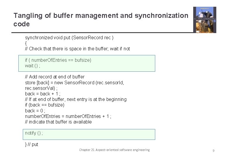 Tangling of buffer management and synchronization code synchronized void put (Sensor. Record rec )