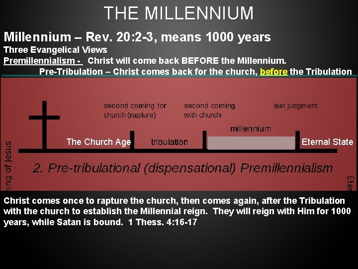 THE MILLENNIUM Millennium – Rev. 20: 2 -3, means 1000 years Three Evangelical Views