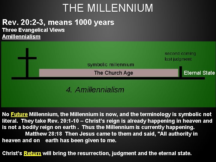 THE MILLENNIUM Rev. 20: 2 -3, means 1000 years Three Evangelical Views Amillennialism The