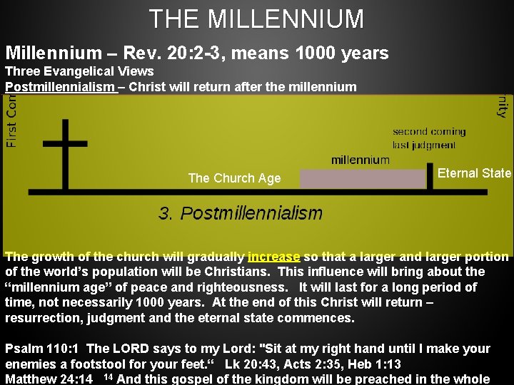 THE MILLENNIUM Millennium – Rev. 20: 2 -3, means 1000 years Three Evangelical Views