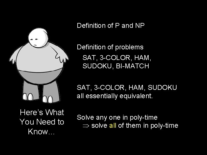 Definition of P and NP Definition of problems SAT, 3 -COLOR, HAM, SUDOKU, BI-MATCH