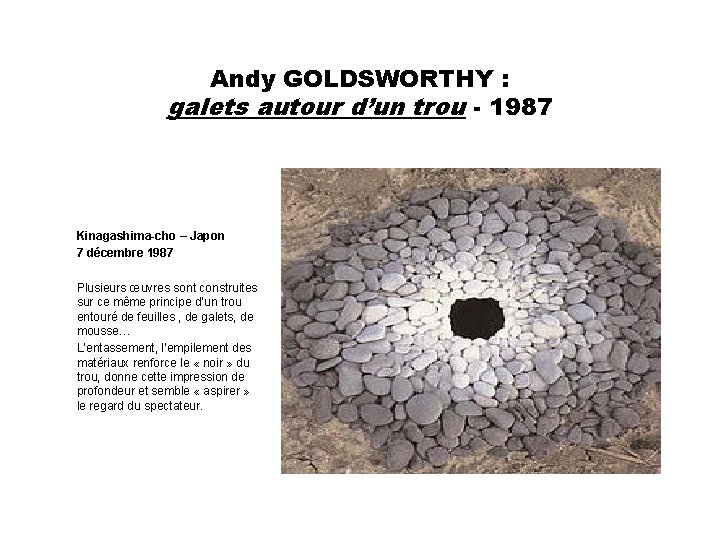 Andy GOLDSWORTHY : galets autour d’un trou - 1987 Kinagashima-cho – Japon 7 décembre