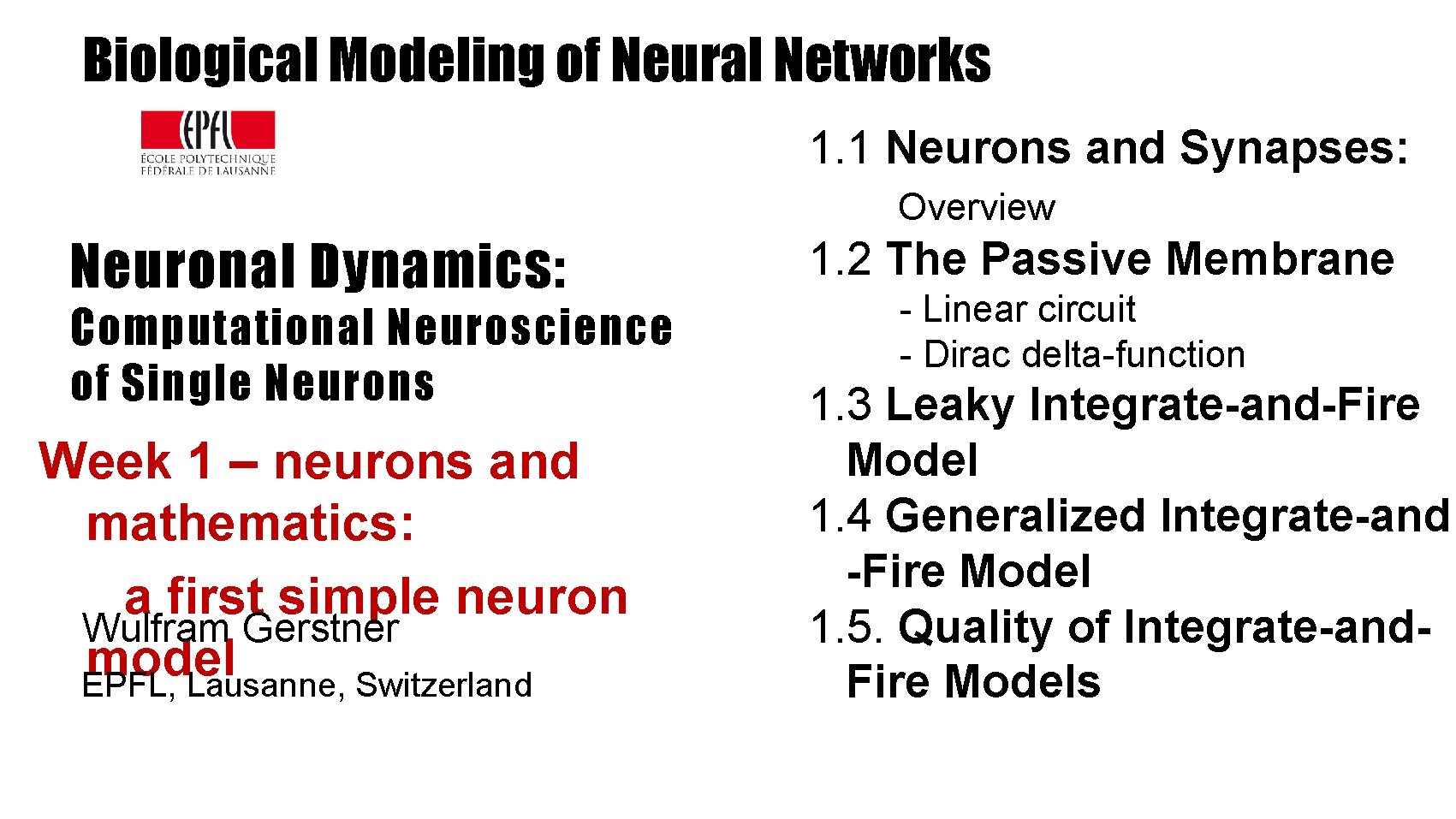 Biological Modeling of Neural Networks 1. 1 Neurons and Synapses: Overview Neuronal Dynamics: Computational