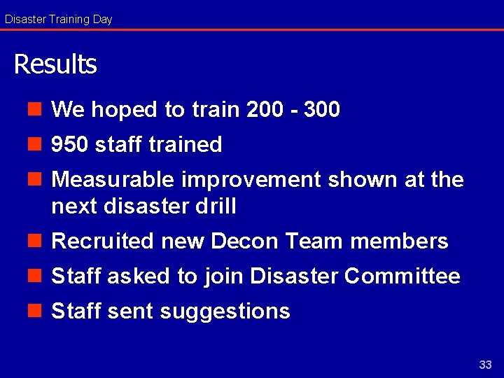 Disaster Training Day Results n We hoped to train 200 - 300 n 950