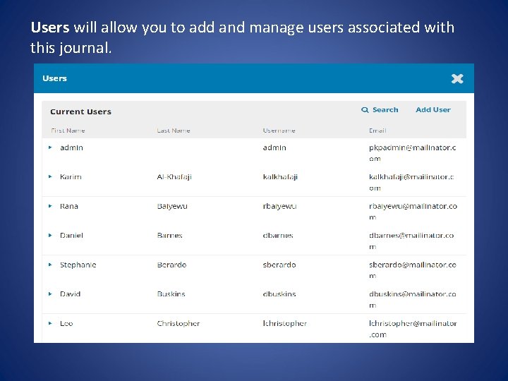 Users will allow you to add and manage users associated with this journal. 