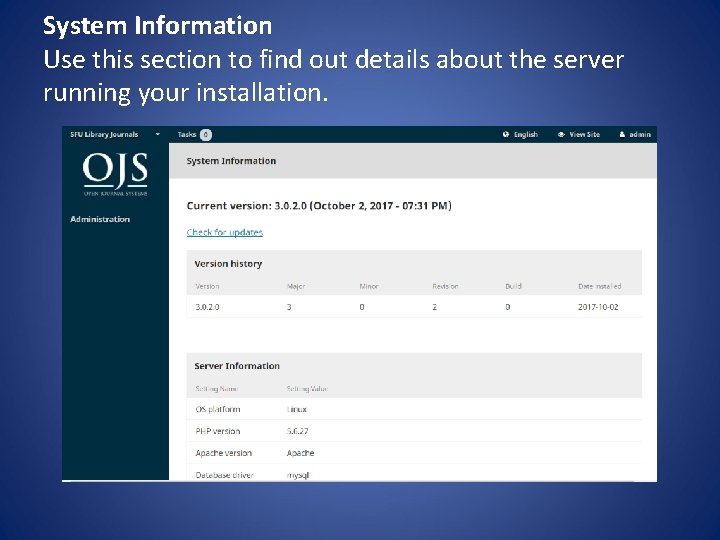 System Information Use this section to find out details about the server running your