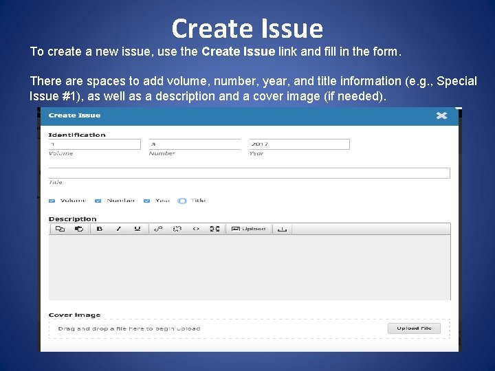 Create Issue To create a new issue, use the Create Issue link and fill