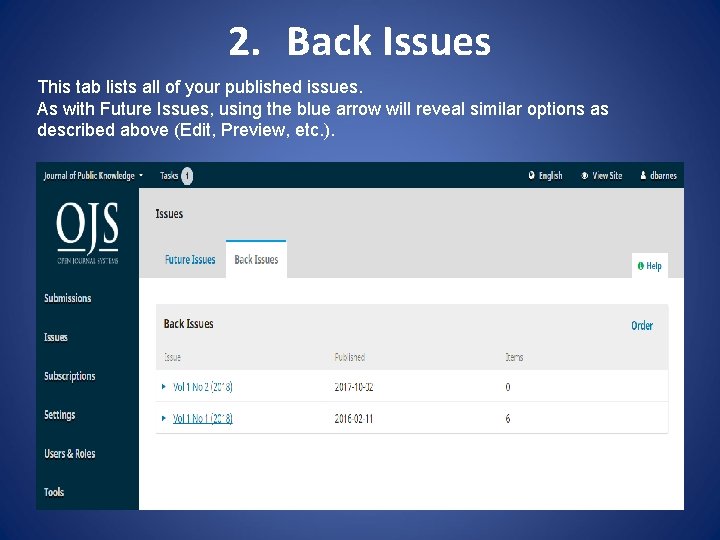 2. Back Issues This tab lists all of your published issues. As with Future