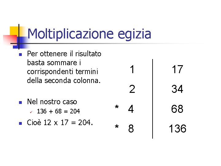 Moltiplicazione egizia n n Per ottenere il risultato basta sommare i corrispondenti termini Moltiplicazione egizia n n Per ottenere il risultato basta sommare i corrispondenti termini