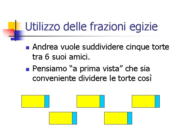 Utilizzo delle frazioni egizie n n Andrea vuole suddividere cinque torte tra 6 suoi Utilizzo delle frazioni egizie n n Andrea vuole suddividere cinque torte tra 6 suoi