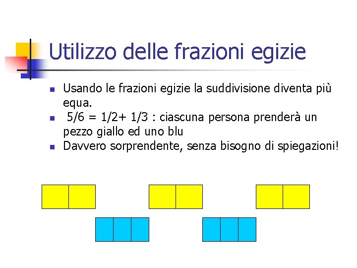 Utilizzo delle frazioni egizie n n n Usando le frazioni egizie la suddivisione diventa Utilizzo delle frazioni egizie n n n Usando le frazioni egizie la suddivisione diventa