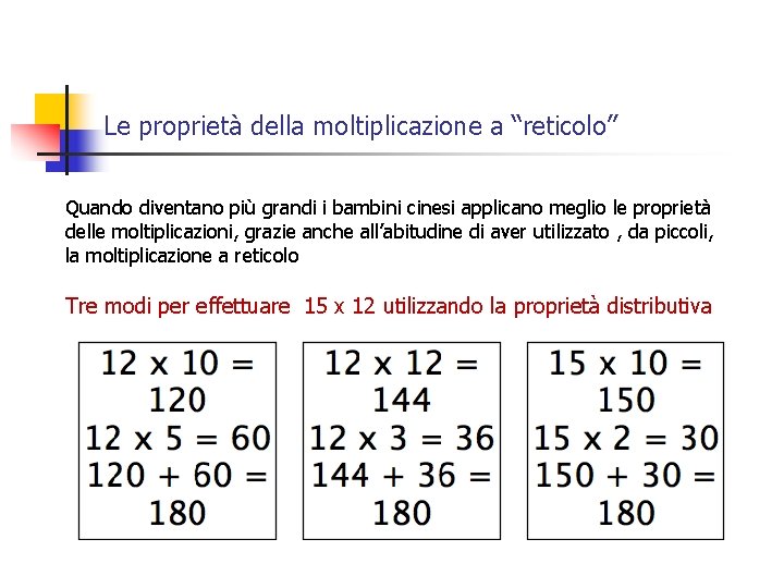 Le proprietà della moltiplicazione a “reticolo” Quando diventano più grandi i bambini cinesi applicano Le proprietà della moltiplicazione a “reticolo” Quando diventano più grandi i bambini cinesi applicano