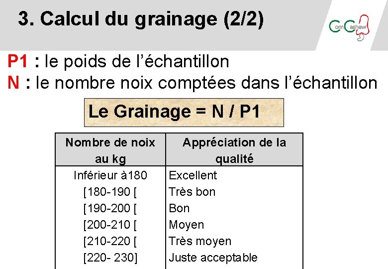 3. Calcul du grainage (2/2) P 1 : le poids de l’échantillon N : 3. Calcul du grainage (2/2) P 1 : le poids de l’échantillon N :