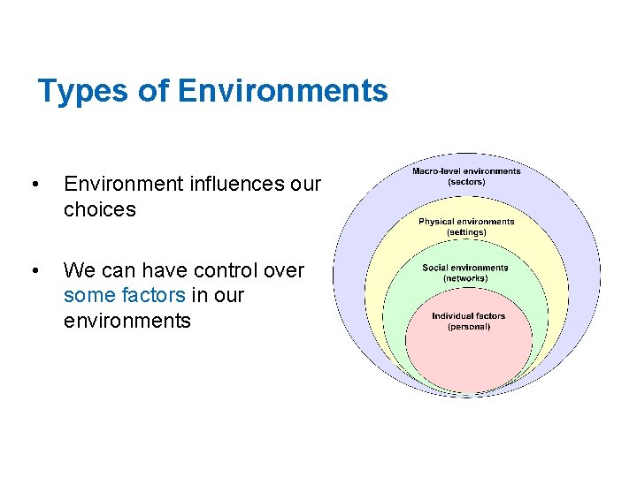Types of Environments • Environment influences our choices • We can have control over