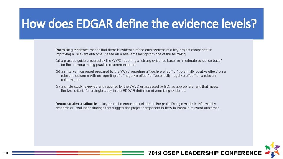 How does EDGAR define the evidence levels? Promising evidence means that there is evidence