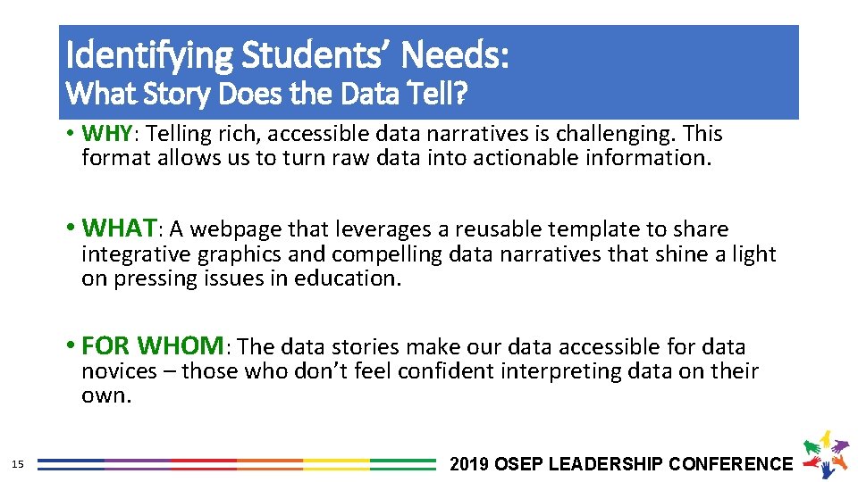 Identifying Students’ Needs: What Story Does the Data Tell? • WHY: Telling rich, accessible