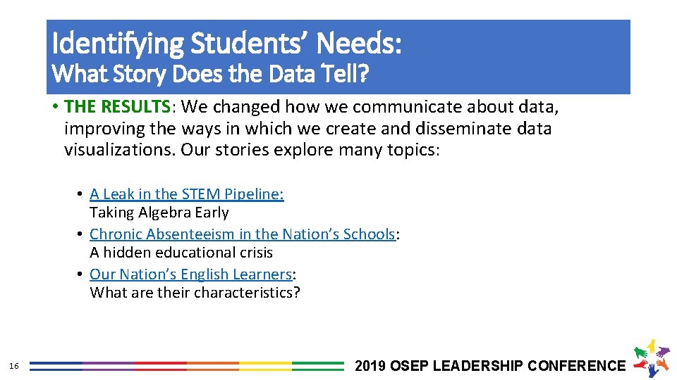 Identifying Students’ Needs: What Story Does the Data Tell? • THE RESULTS: We changed
