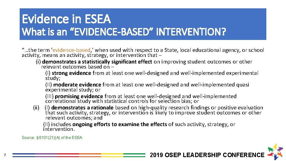 Evidence in ESEA What is an “EVIDENCE-BASED” INTERVENTION? “…the term ‘evidence-based, ’ when used