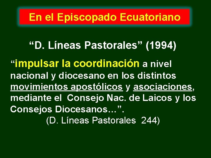 En el Episcopado Ecuatoriano “D. Líneas Pastorales” (1994) “impulsar la coordinación a nivel nacional